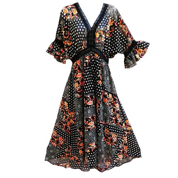 NEW Nasty Gal Collection Maxi Dress Floral Spot Mix Black Crochet Inset US 8 - Picture 1 of 7